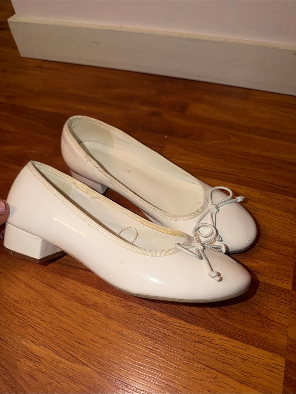 White Patent Low Heel Ballet Pumps with Bow